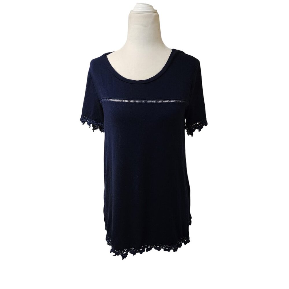 Coverstitched Navy Blue Crochet Lace Detail Top Large Viscose Blend